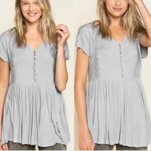 NWOT POL dove grey baby doll crochet trim detail tunic Sz L